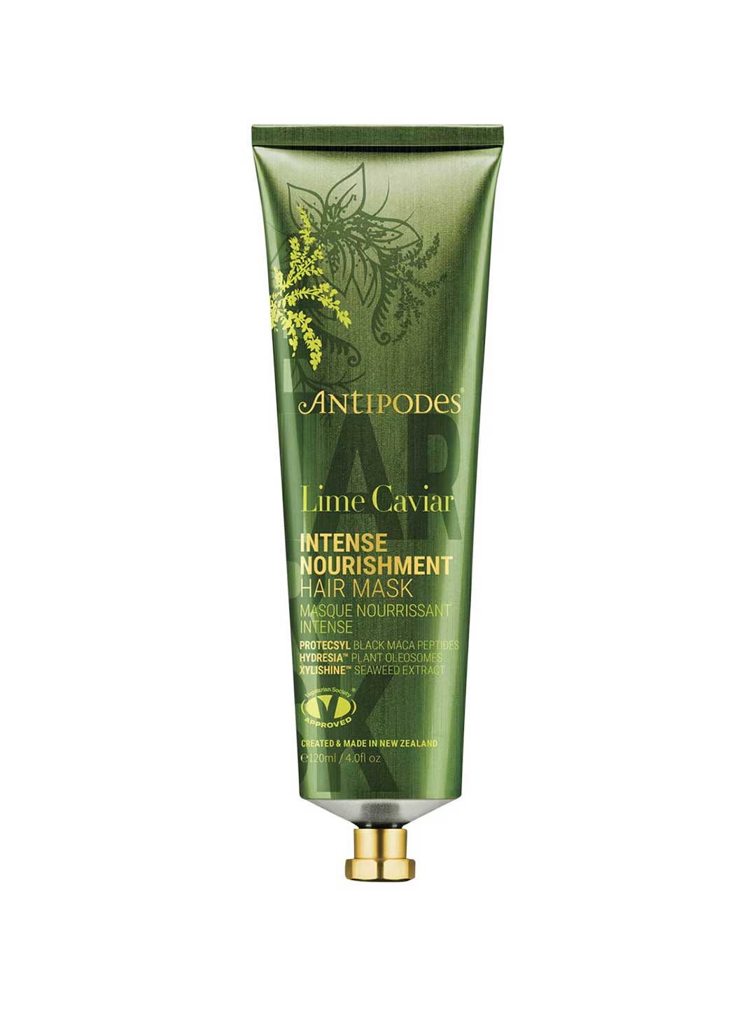 A green 120ml tube of Antipodes Lime Caviar Intense Nourishment Hair Mask with gold text and botanical designs stands upright on a white background. This natural, curl-friendly mask deeply nourishes every hair strand.