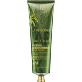 A green 120ml tube of Antipodes Lime Caviar Intense Nourishment Hair Mask with gold text and botanical designs stands upright on a white background. This natural, curl-friendly mask deeply nourishes every hair strand.