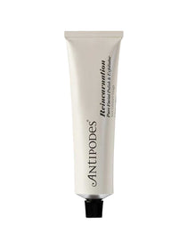 Antipodes Reincarnation Pure Facial Polish in a pale silver squeeze tube with vertical black lettering and a small ribbed black screw cap, on white.