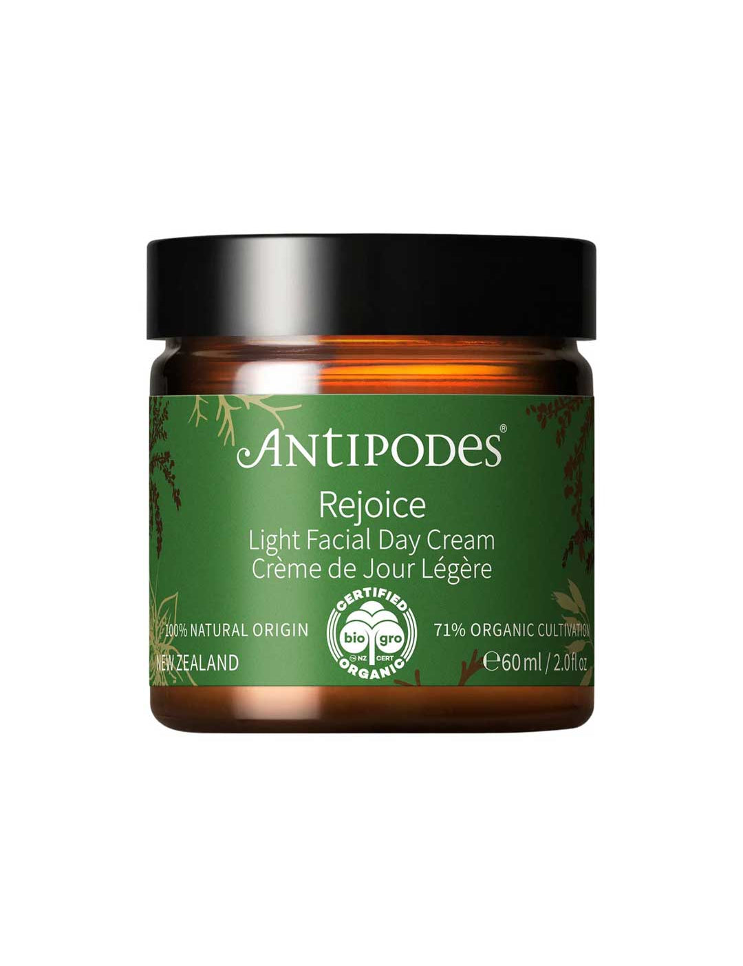 A 60ml brown jar of Antipodes Rejoice Light Facial Day Cream with a green label, featuring natural ingredients like manuka flower oil and organic avocado oil, plus certification details.