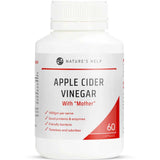 A white bottle labeled Nature's Help Apple Cider with Mother Vinegar contains 60 tasteless, odorless capsules. Key benefits include probiotics, enzymes, friendly bacteria, and support for skin health.