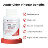 Nature's Help Apple Cider with Mother Vinegar capsules are shown beside a list of benefits—energy booster, supports clear skin, lowers cholesterol, aids detoxification, and fights harmful bacteria—each marked with bold red checkmarks.