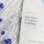 Vanessa Megan Blue Tansy and Cypress Soothing Sheet Mask sachet with cornflowers