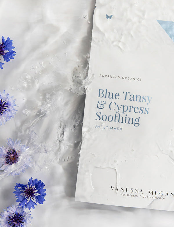 Vanessa Megan Blue Tansy and Cypress Soothing Sheet Mask sachet with cornflowers
