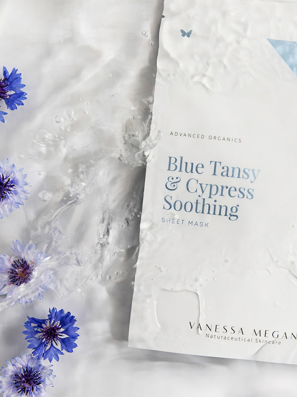 Vanessa Megan Blue Tansy and Cypress Soothing Sheet Mask sachet with cornflowers