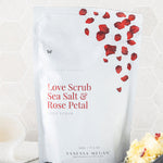 Vanessa Megan Love Scrub Sea Salt and Rose Petal pouch with petals