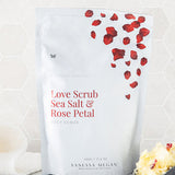 Vanessa Megan Love Scrub Sea Salt and Rose Petal pouch with petals