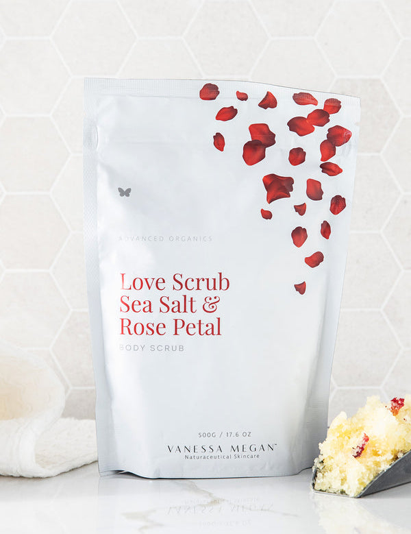 Vanessa Megan Love Scrub Sea Salt and Rose Petal pouch with petals