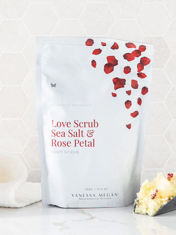 Vanessa Megan Love Scrub Sea Salt and Rose Petal pouch with petals
