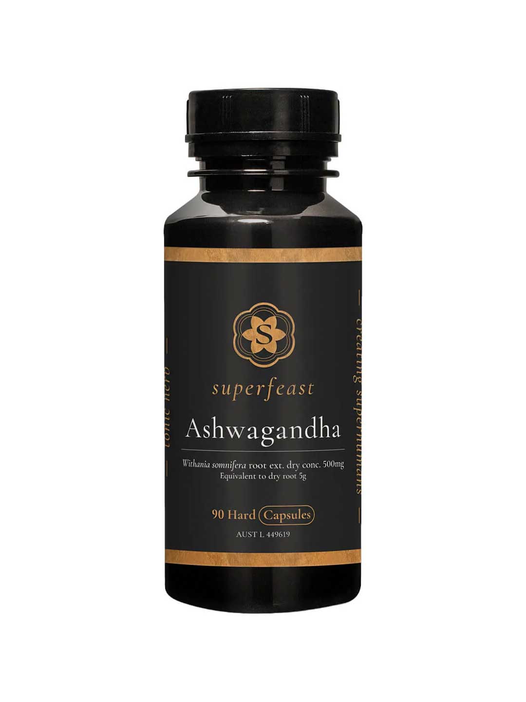 A black bottle of Superfeast Ashwagandha 90 Caps with a gold and white label, containing 90 x 500mg capsules of Withania somnifera root extract for natural stress relief and Ayurvedic support, shown on a white background.