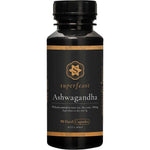A black bottle of Superfeast Ashwagandha 90 Caps with a gold and white label, containing 90 x 500mg capsules of Withania somnifera root extract for natural stress relief and Ayurvedic support, shown on a white background.