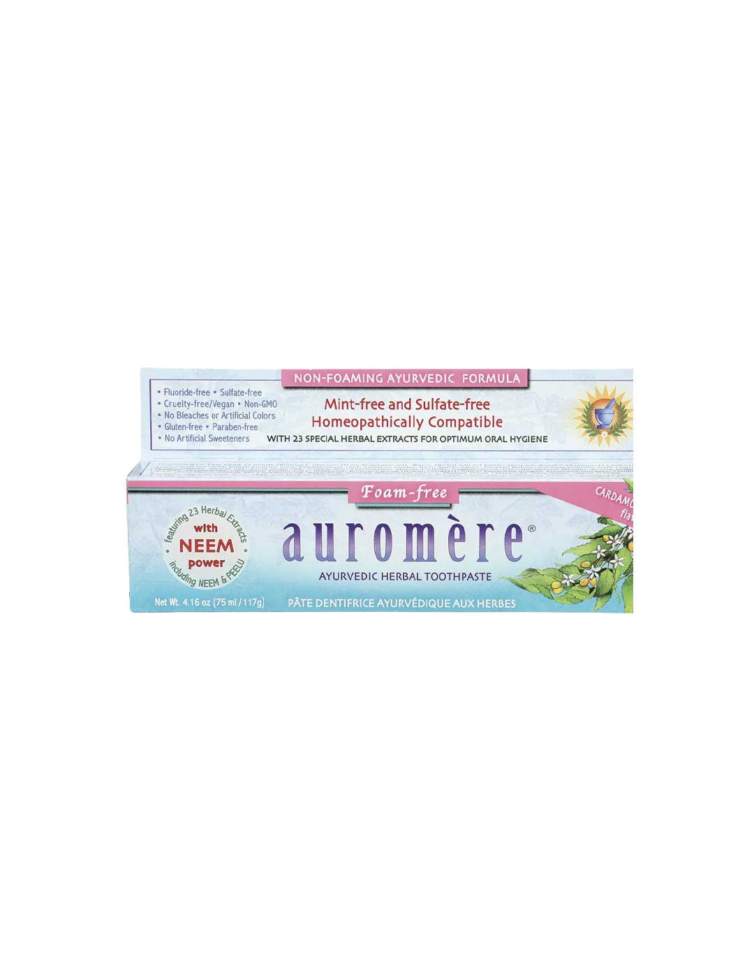 Auromere Ayurvedic Foam-Free Fluoride Free Toothpaste - Cardamom Fennel 117g box, sulfate-free, mint-free, homeopathically compatible, with 23 herbal extracts and neem power; English and French text on packaging.