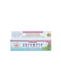 Auromere Ayurvedic Foam-Free Fluoride Free Toothpaste - Cardamom Fennel 117g box, sulfate-free, mint-free, homeopathically compatible, with 23 herbal extracts and neem power; English and French text on packaging.
