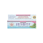 Auromere Ayurvedic Foam-Free Fluoride Free Toothpaste - Cardamom Fennel 117g box, sulfate-free, mint-free, homeopathically compatible, with 23 herbal extracts and neem power; English and French text on packaging.
