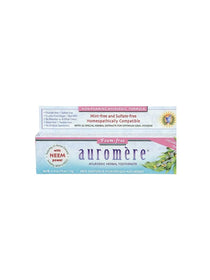 Auromere Ayurvedic Foam-Free Fluoride Free Toothpaste - Cardamom Fennel 117g box, sulfate-free, mint-free, homeopathically compatible, with 23 herbal extracts and neem power; English and French text on packaging.