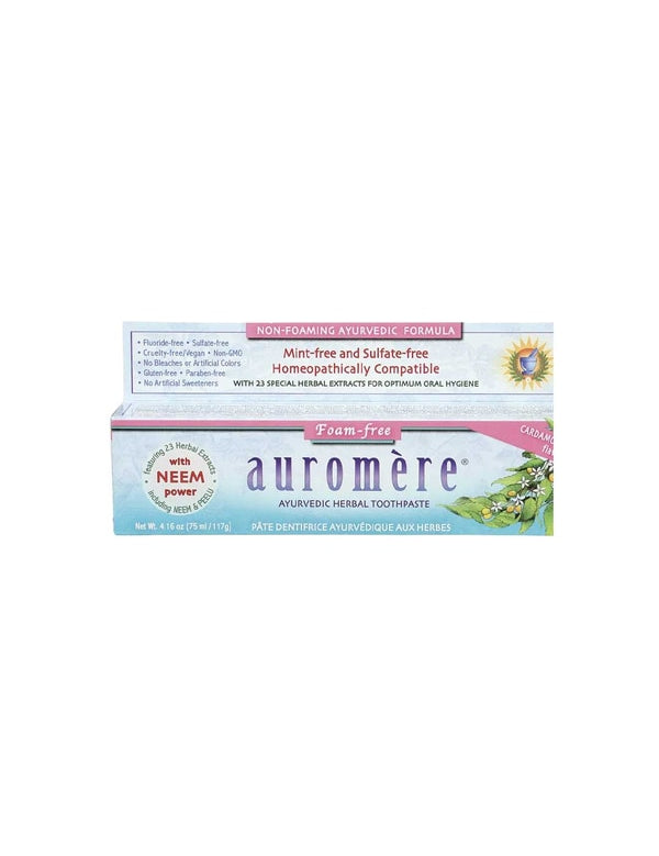 Auromere Ayurvedic Foam-Free Fluoride Free Toothpaste - Cardamom Fennel 117g box, sulfate-free, mint-free, homeopathically compatible, with 23 herbal extracts and neem power; English and French text on packaging.