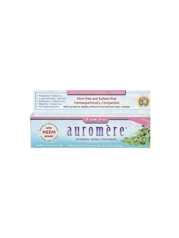 Auromere Ayurvedic Foam-Free Fluoride Free Toothpaste - Cardamom Fennel 117g box, sulfate-free, mint-free, homeopathically compatible, with 23 herbal extracts and neem power; English and French text on packaging.