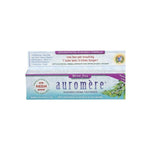 Auromere Mint-Free Toothpaste carton showing its front and upper panel, with white and pale aqua packaging, purple bands, large purple lettering and a green neem illustration.