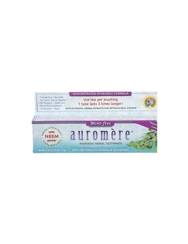 Auromere Ayurvedic Fluoride Free Toothpaste - Mint Free 117g uses neem power and 24 special herbs. The packaging notes you use less per brushing, and it's fluoride free, non-GMO, vegan, and cruelty-free. Brand: Auromere.