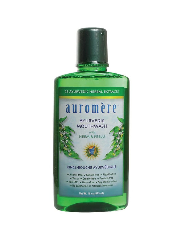 Auromere Ayurvedic Mouthwash bottle on a white background