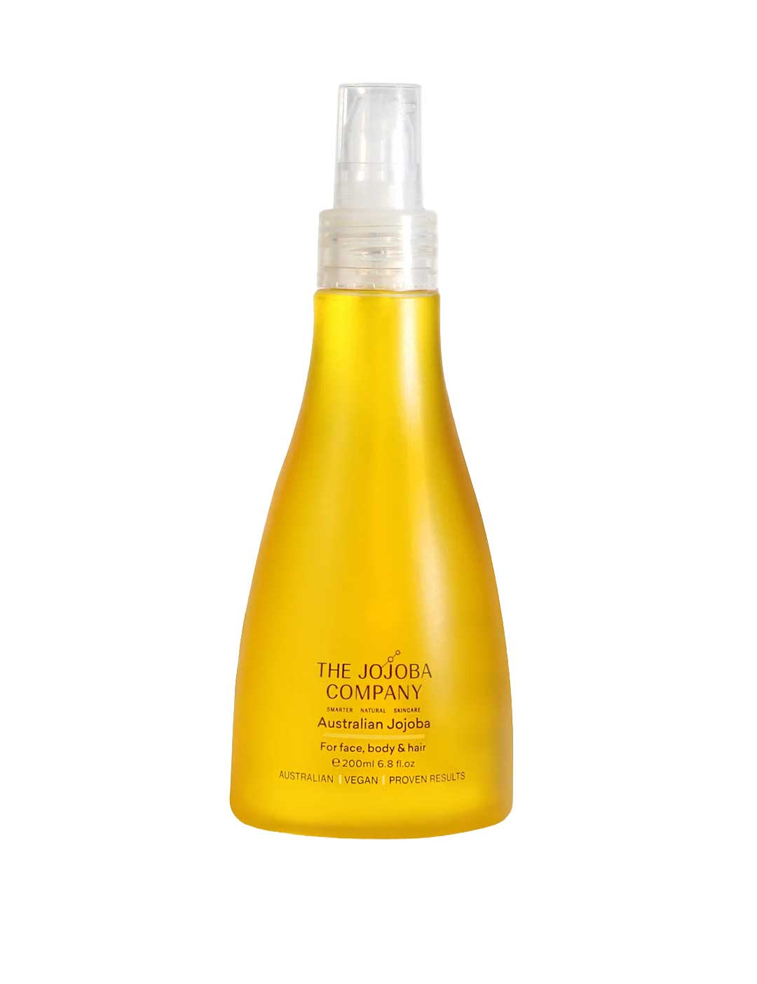 A yellow bottle of The Jojoba Company Australian Jojoba Oil for Face & Body with a clear pump dispenser and minimal, simple branding. Suitable for face, body, and hair—ideal for eczema-prone skin.