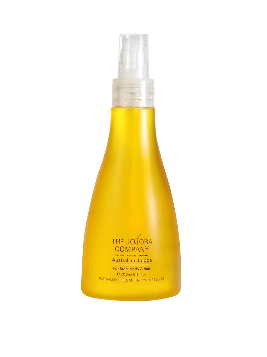 A yellow bottle of The Jojoba Company Australian Jojoba Oil for Face & Body with a clear pump dispenser and minimal, simple branding. Suitable for face, body, and hair—ideal for eczema-prone skin.