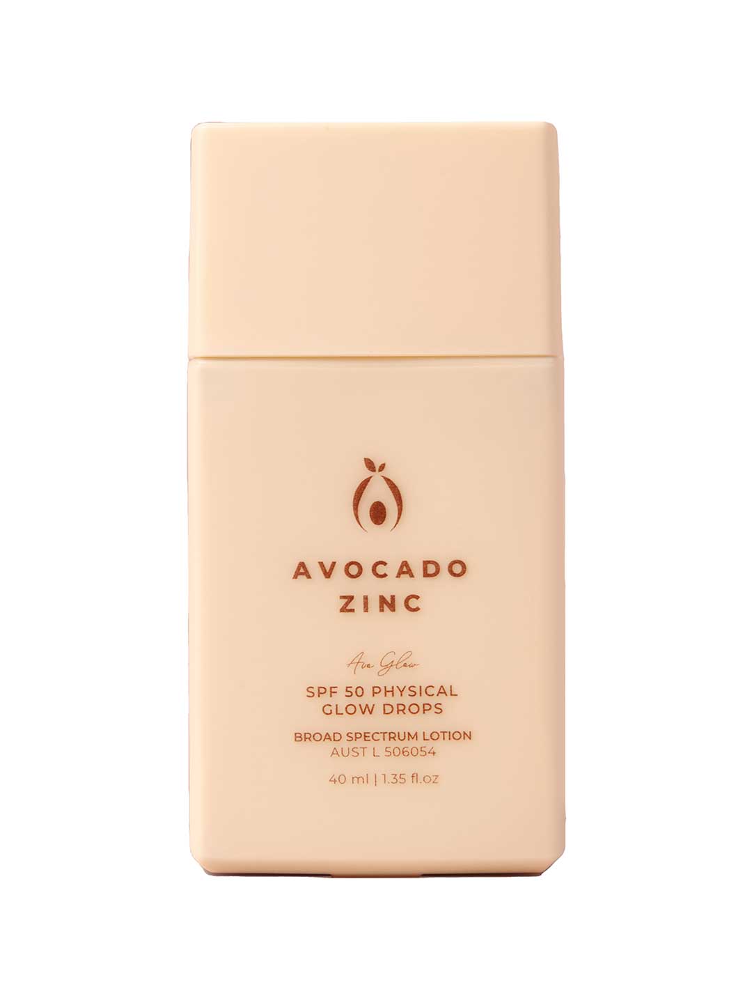 A beige rectangular bottle labeled "Avocado Zinc SPF50 Physical Glow Drops 40ml" features minimalist brown text and an avocado logo, giving it a clean, elegant appearance.