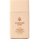 A beige rectangular bottle labeled "Avocado Zinc SPF50 Physical Glow Drops 40ml" features minimalist brown text and an avocado logo, giving it a clean, elegant appearance.
