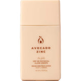 A beige rectangular bottle labeled "Avocado Zinc SPF50 Physical Glow Drops 40ml" features minimalist brown text and an avocado logo, giving it a clean, elegant appearance.
