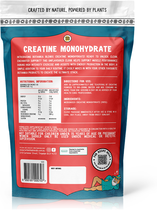 Botanika Blends Creatine Monohydrate back label with nutrition information and directions
