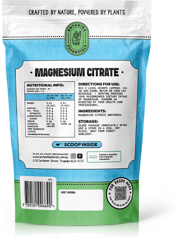 Botanika Blends Magnesium Citrate back label with nutrition information and directions