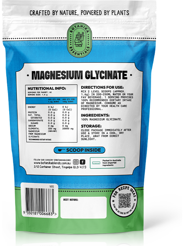 Botanika Blends Magnesium Glycinate back label with nutrition information and directions