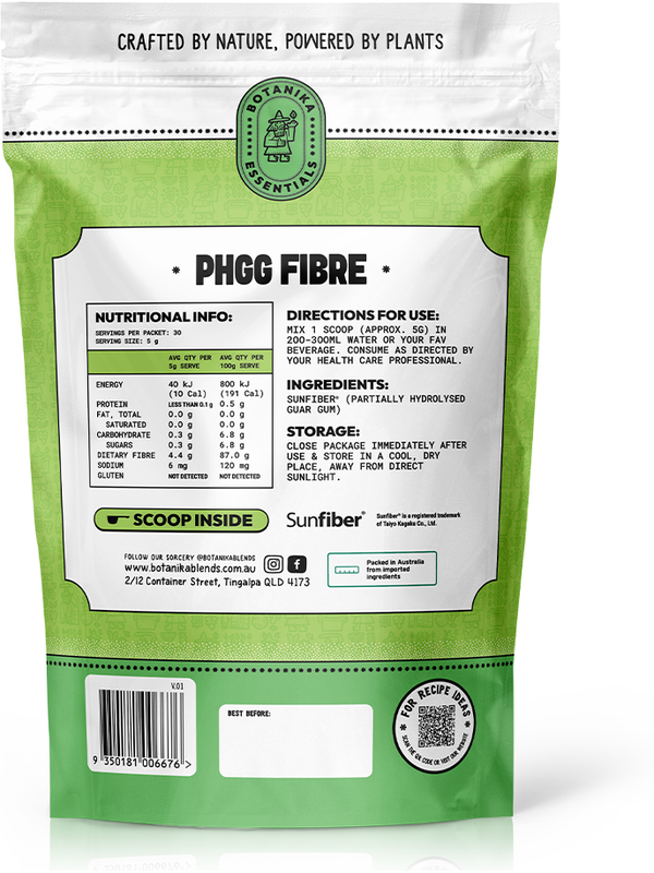 Botanika Blends PHGG Fibre back label with nutrition information and directions