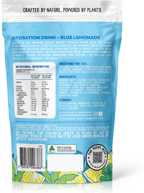 Botanika Blends Hydration Blue Lemonade back label with nutrition information and directions