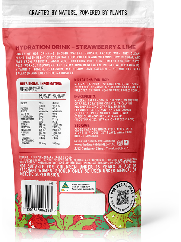 Botanika Blends Hydration Strawberry Lime back label with nutrition information and directions