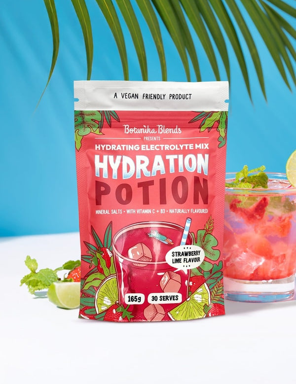 Botanika Blends Strawberry Lime Hydration Potion with prepared drink