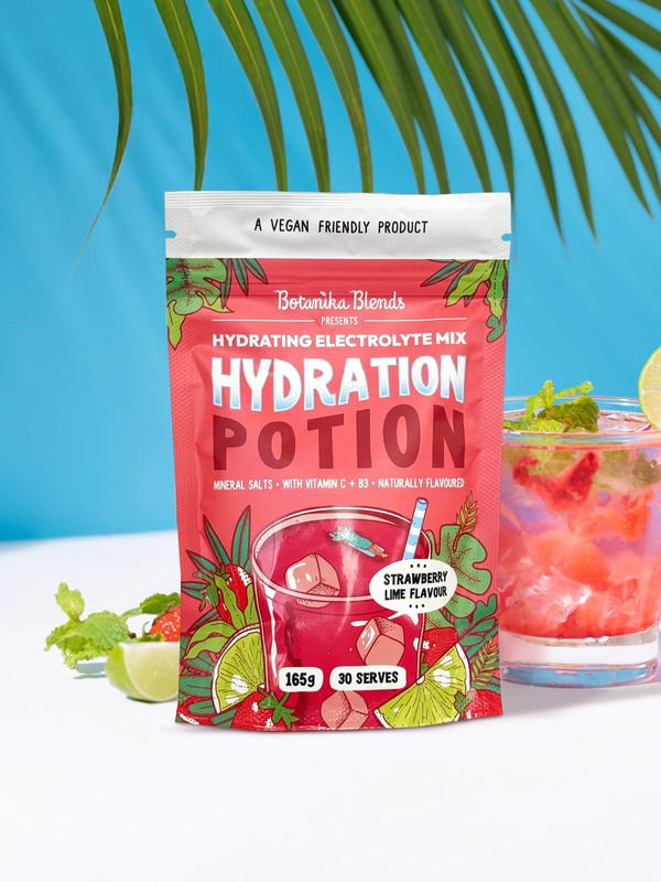 Botanika Blends Strawberry Lime Hydration Potion with prepared drink