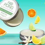 Open silver No Pong Original Low Fragrance Bicarb Free tins showing smooth pale balm against turquoise, surrounded by suspended citrus wedges, a white flower and dark vanilla-like pods.