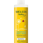 Tall white pump bottle of Weleda Calendula Baby Shampoo & Body Wash with a yellow label, green lettering and a white flower drawing beside a red ladybird.