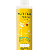 Tall white pump bottle of Weleda Calendula Baby Shampoo & Body Wash with a yellow label, green lettering and a white flower drawing beside a red ladybird.
