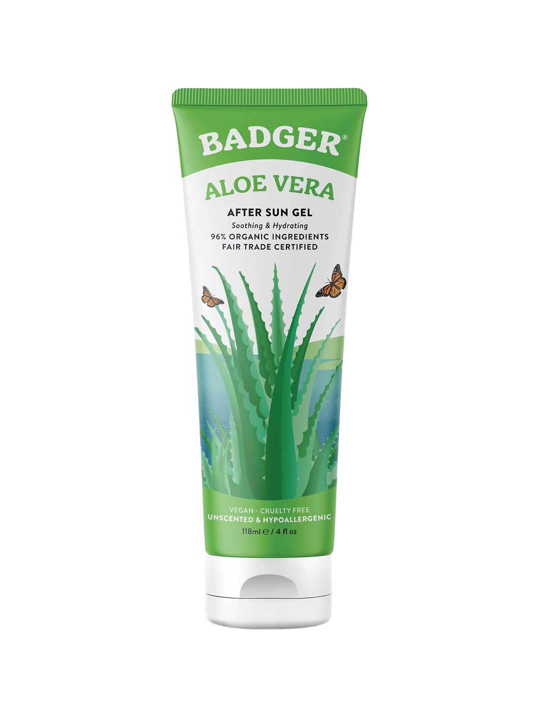 A 118ml tube of Badger Aloe Vera Gel with a green cap, aloe vera plant graphics, butterflies, and text noting organic ingredients, fair trade certification, vegan, cruelty-free, unscented and hypoallergenic skin hydration benefits.