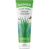 A 118ml tube of Badger Aloe Vera Gel with a green cap, aloe vera plant graphics, butterflies, and text noting organic ingredients, fair trade certification, vegan, cruelty-free, unscented and hypoallergenic skin hydration benefits.