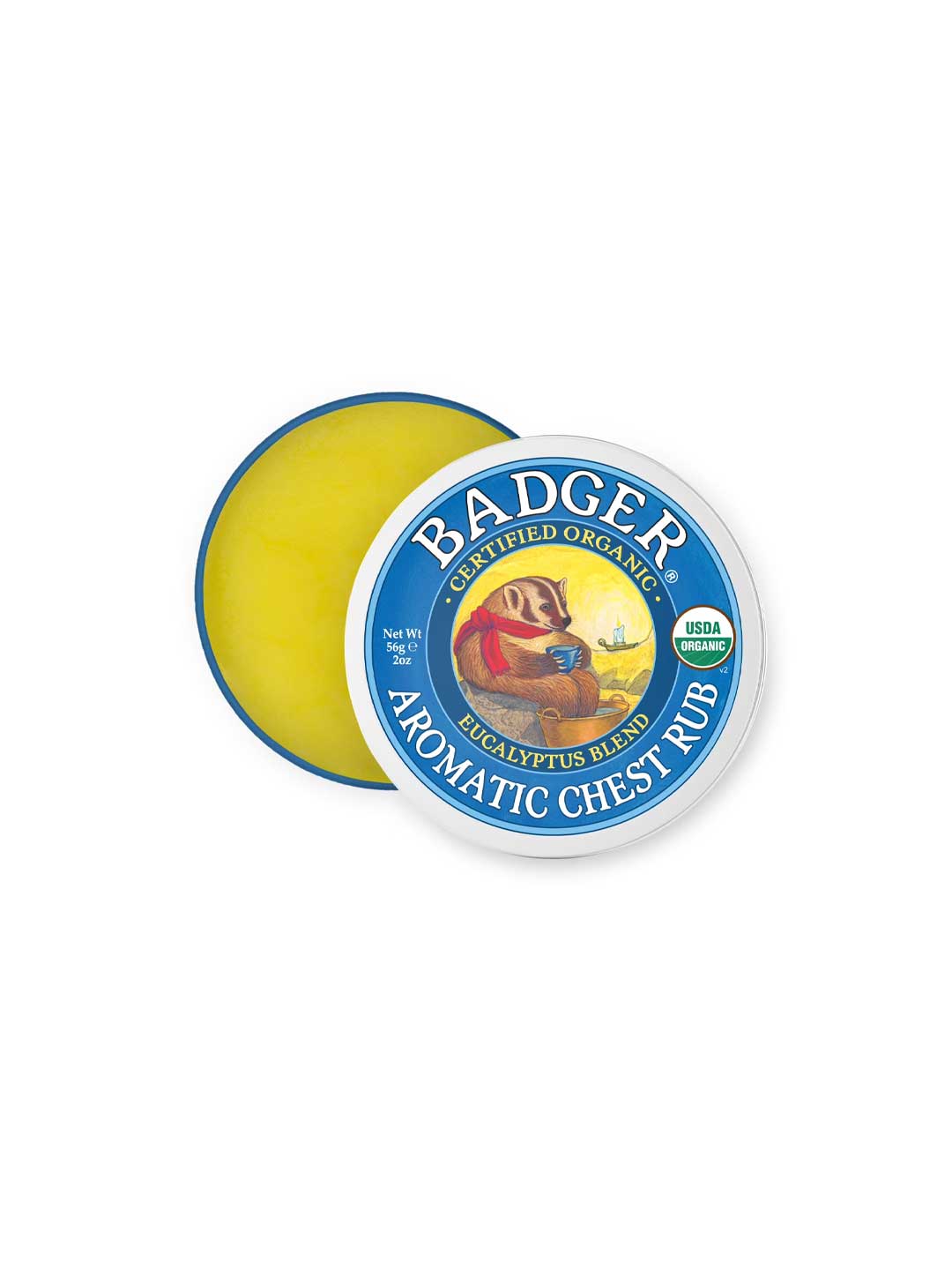 A 56g tin of Badger Aromatic Chest Rub with a eucalyptus peppermint blend. The lid shows a badger and USDA Organic label, and inside is yellow vapor rub.