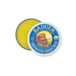A 56g tin of Badger Aromatic Chest Rub with a eucalyptus peppermint blend. The lid shows a badger and USDA Organic label, and inside is yellow vapor rub.