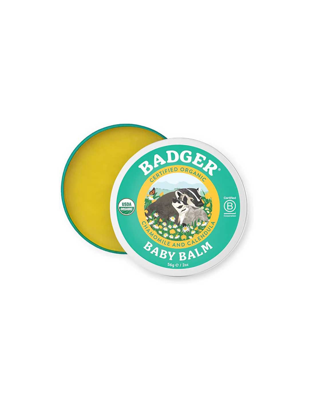 Badger Baby Balm 56g comes in a round tin with a badger illustration on the lid, featuring yellow balm made with chamomile and calendula—perfect for soothing nappy rash and gentle organic baby skin care.