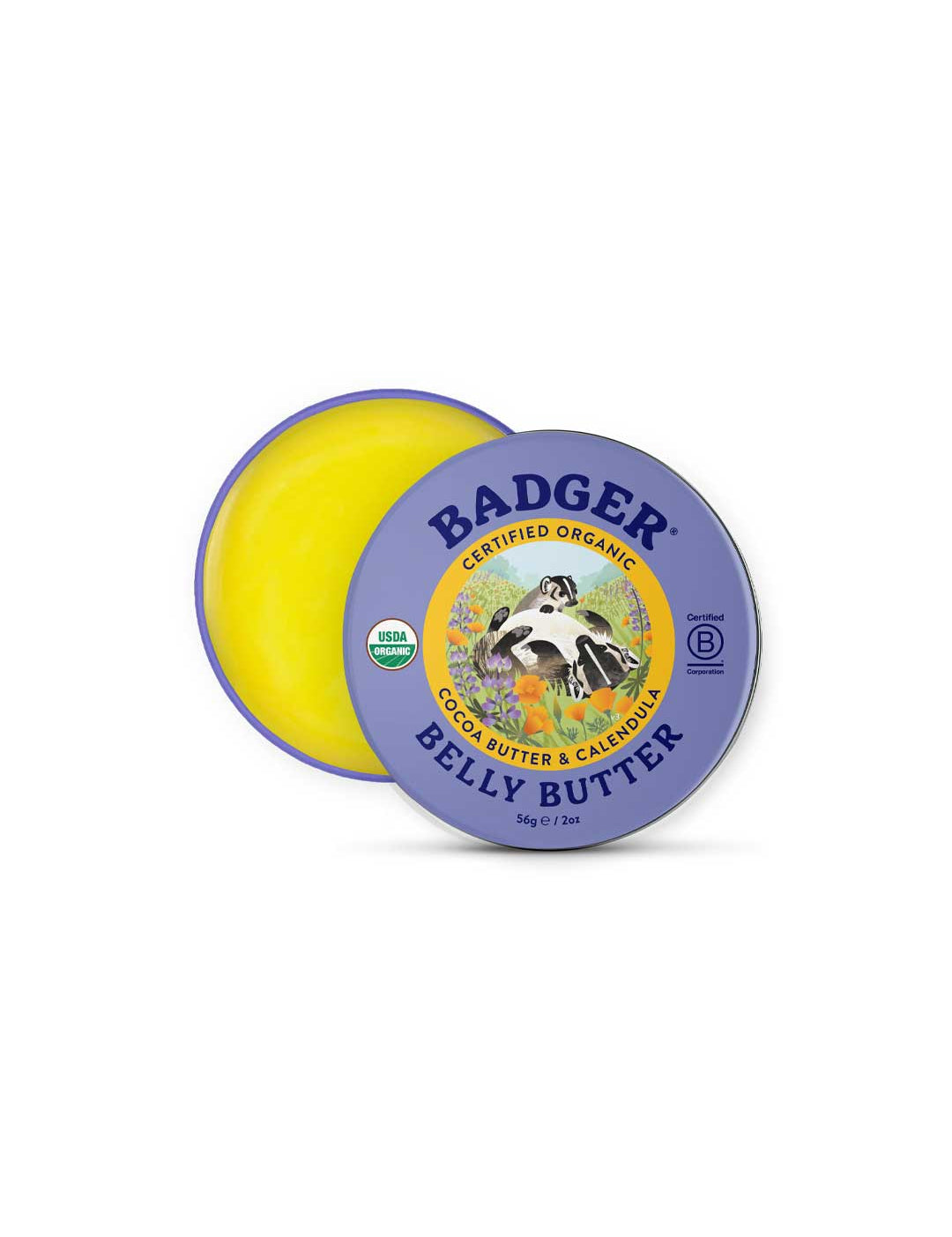 Badger Belly Butter 56g is a certified organic pregnancy moisturizer in a round tin with a badger-illustrated purple lid. Inside, yellow balm made with cocoa butter and calendula nourishes and soothes stretching skin.