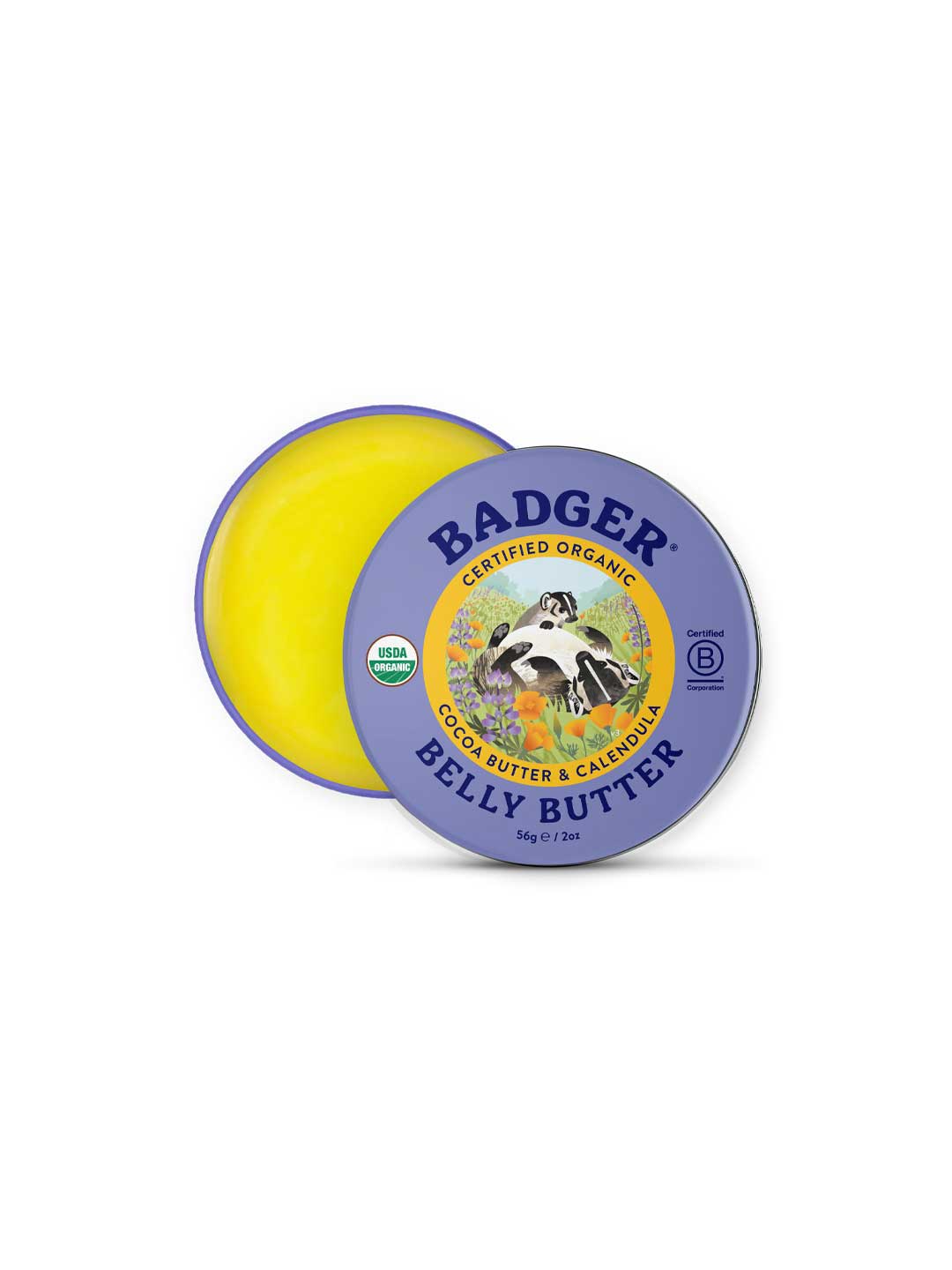 Badger Belly Butter 56g is a certified organic pregnancy moisturizer in a round tin with a badger-illustrated purple lid. Inside, yellow balm made with cocoa butter and calendula nourishes and soothes stretching skin.