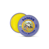 Badger Belly Butter 56g is a certified organic pregnancy moisturizer in a round tin with a badger-illustrated purple lid. Inside, yellow balm made with cocoa butter and calendula nourishes and soothes stretching skin.