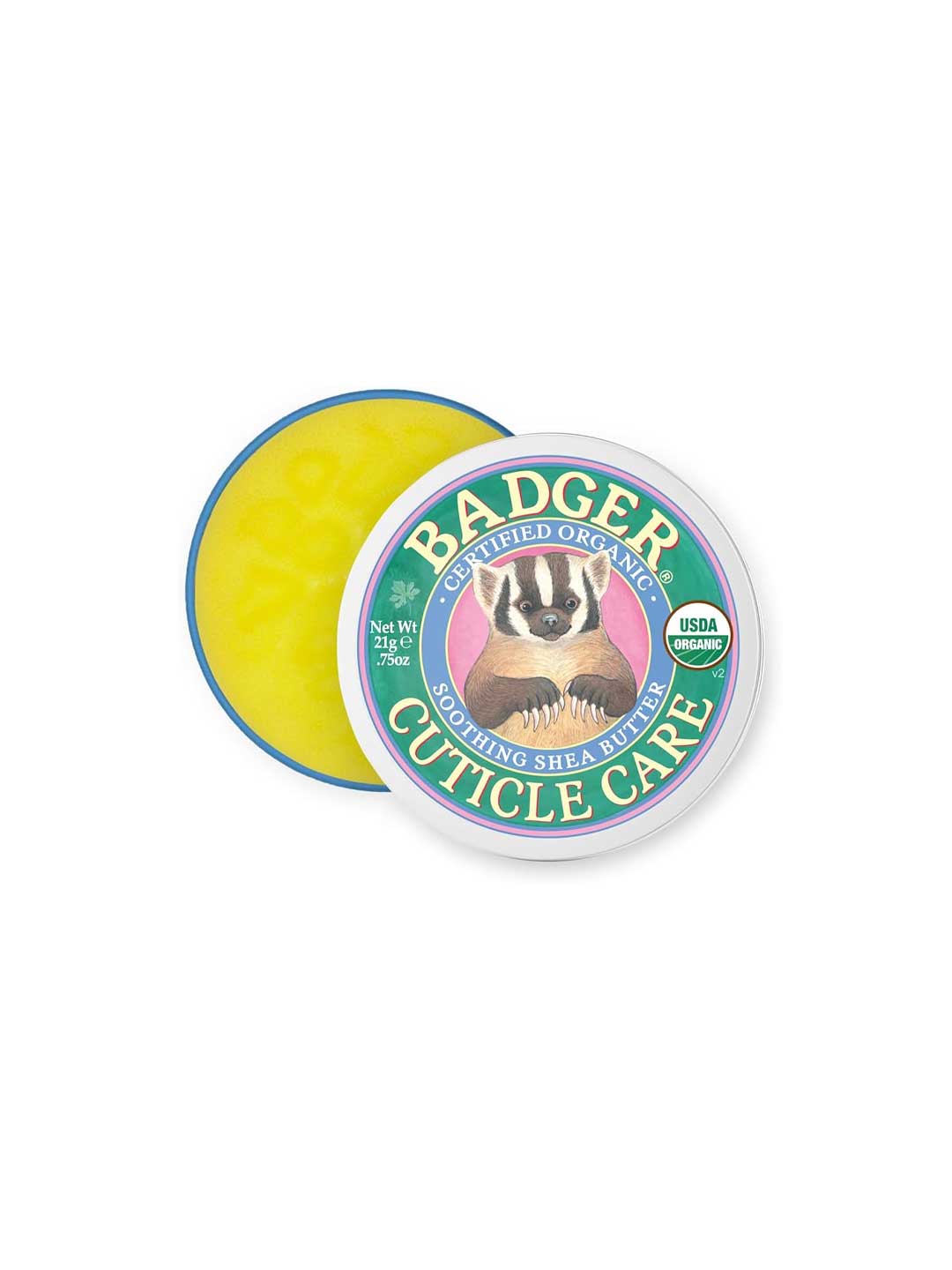 A round tin of Badger Cuticle Care 21g features a badger illustration and USDA Organic seal on the lid. The open tin reveals yellow balm inside, ideal for cuticle care.
