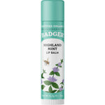 A 4.2g tube of Badger Lip Balm Highland Mint with a green cap features Certified Organic labeling, illustrations of mint leaves, purple flowers, and a bee. This refreshing mint balm hydrates and soothes your lips.